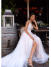 V Neck Beaded Ivory Lace Tulle Slit Wedding Dress